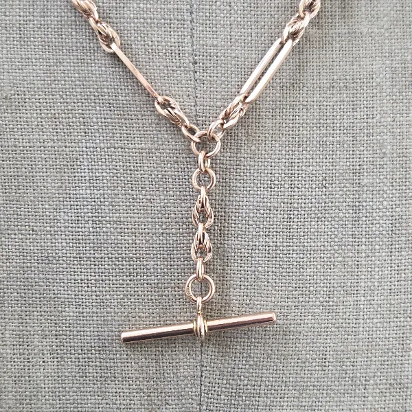 9ct Rose Gold Trombone and Rope Link Albert Chain-rose-gold-trombone-and-rope-link-albert-chain.webp