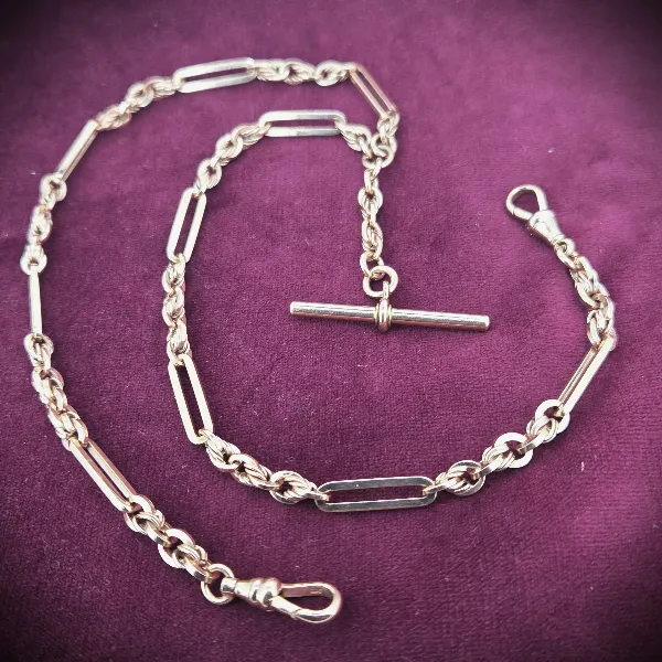 Necklaces Ireland  - 9ct Rose Gold Trombone and Rope Link Albert Chain