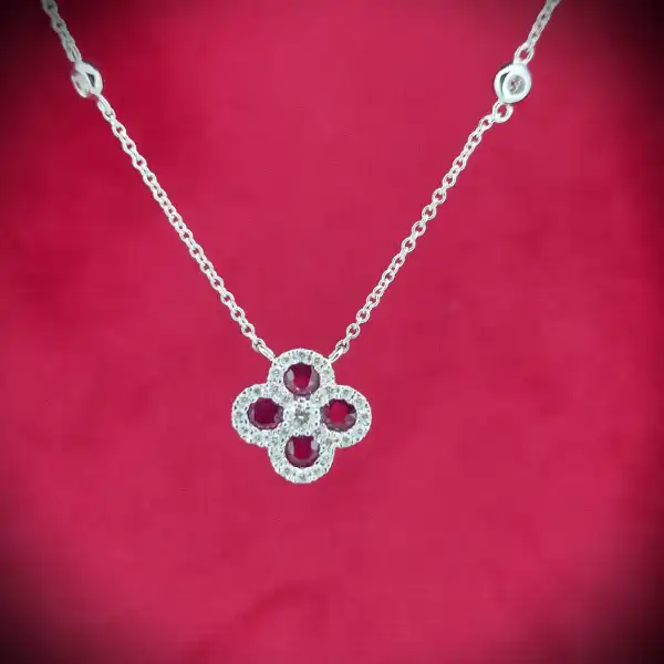  Thumbnail of 18ct White Gold Diamond and Ruby Clover Style Pendant