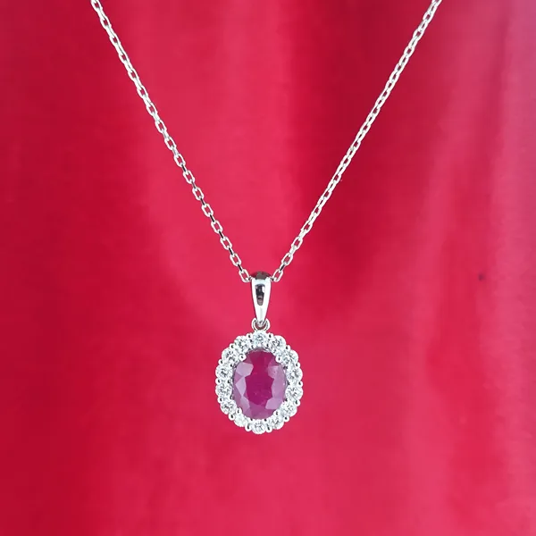 Ruby & Diamond Halo Pendant in 18ct White Gold- Side View 