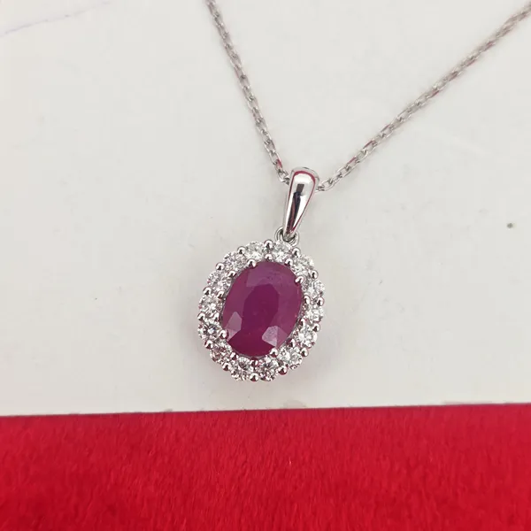 Ruby & Diamond Halo Pendant in 18ct White Gold- Front View 