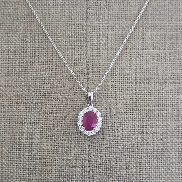 Ruby & Diamond Halo Pendant in 18ct White Gold- Crown View 