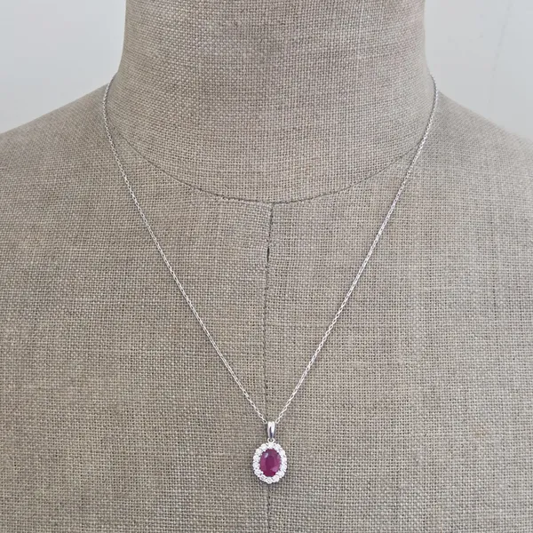 Ruby & Diamond Halo Pendant in 18ct White Gold- Magnified 