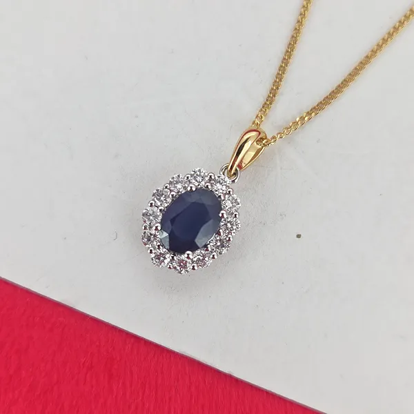 Sapphire & Diamond Halo Pendant in 18ct White Gold- Close Up 