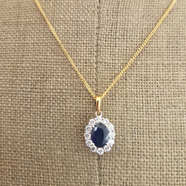 Sapphire & Diamond Halo Pendant in 18ct White Gold- Magnified 