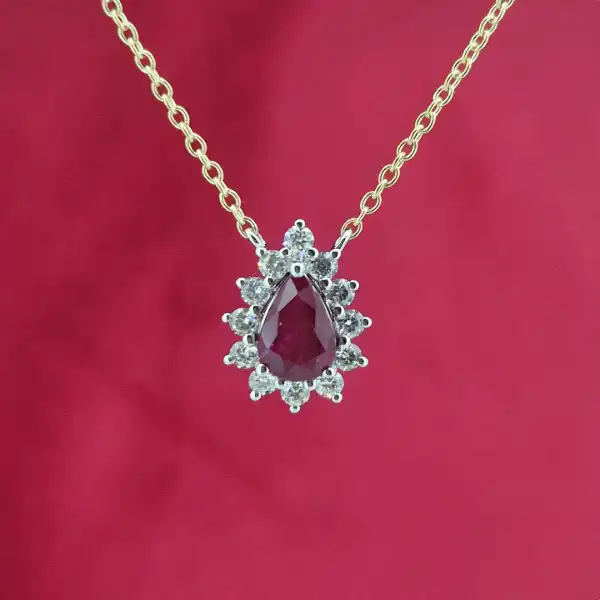 18ct Yellow Gold Diamond and Ruby Tear Drop Pendant-tear-drop-ruby-and-diamond-pendant-in-yellow-gold.webp
