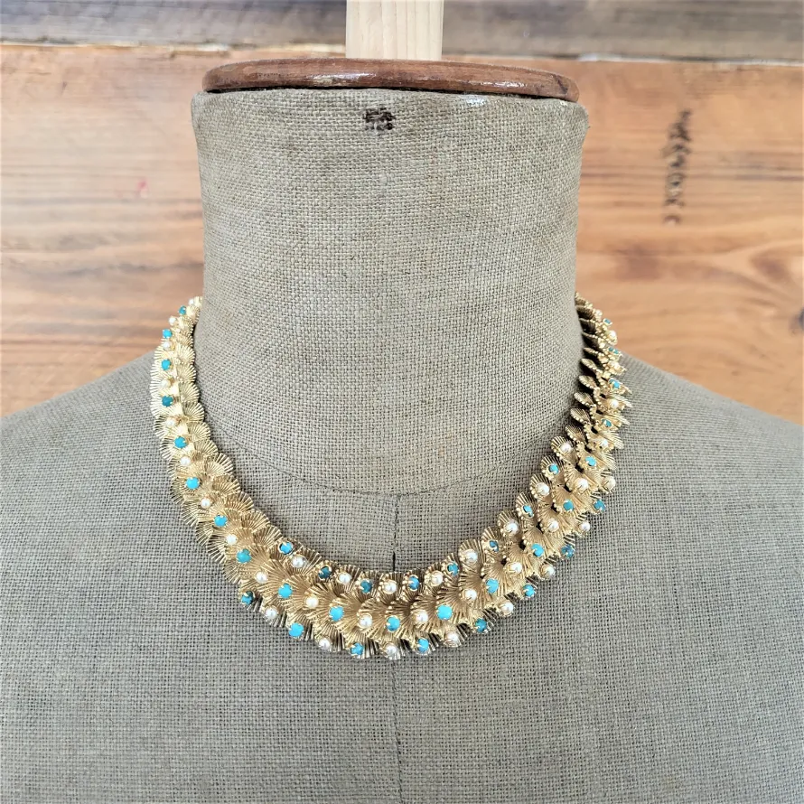 Stunning 14ct Gold Fancy Necklace with Turquoise and Pearl Seeds-tourquoise-and-gold-cocktail-necklace-dublin.webp