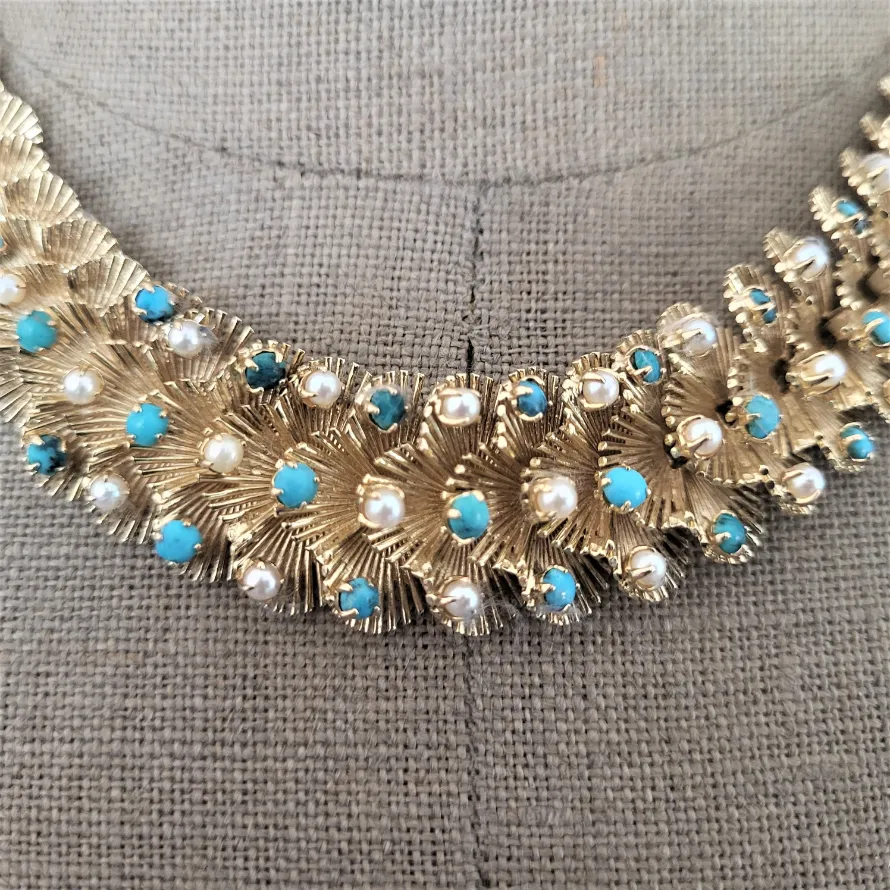 Stunning 14ct Gold Fancy Necklace with Turquoise and Pearl Seeds-tourquoise-and-gold-cocktail-necklace-dublin.webp