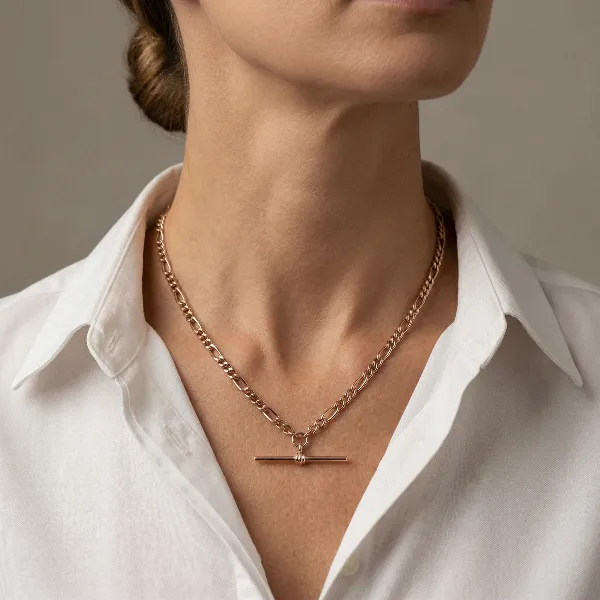 Vintage Rose Gold Figaro Necklace with T-Bar- Magnified 