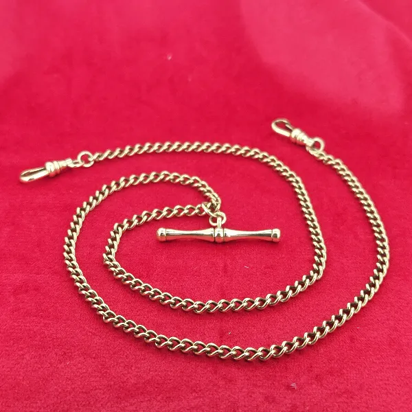 Vintage 9ct Yellow Gold Albert Chain with T-Bar- Front View 