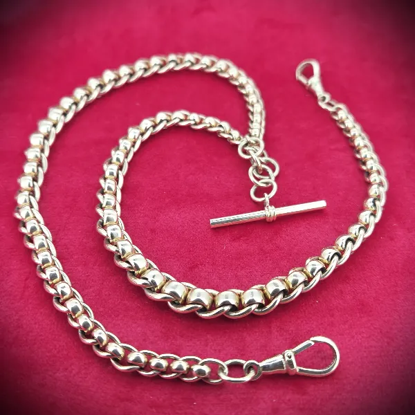 Vintage Graduated Yellow Gold Rollerball Necklace with T-Bar