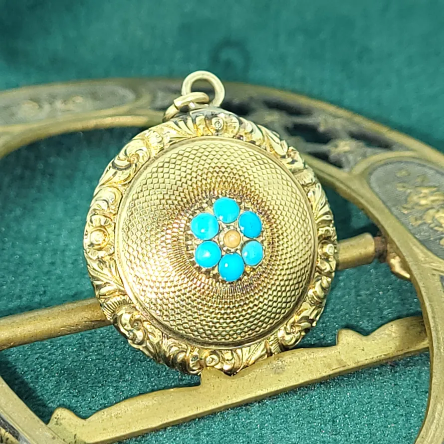 Gold & Turquoise Victorian Mourning Hair Pendant-victorian-mourning-pendant-dublin.webp