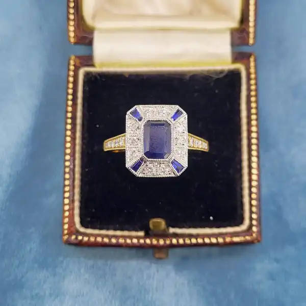 Sapphire and Diamond Ring in 18ct Yellow Gold-18ct-art-deco-sapphire-and-diamond-ring-diamond-shoulders.webp