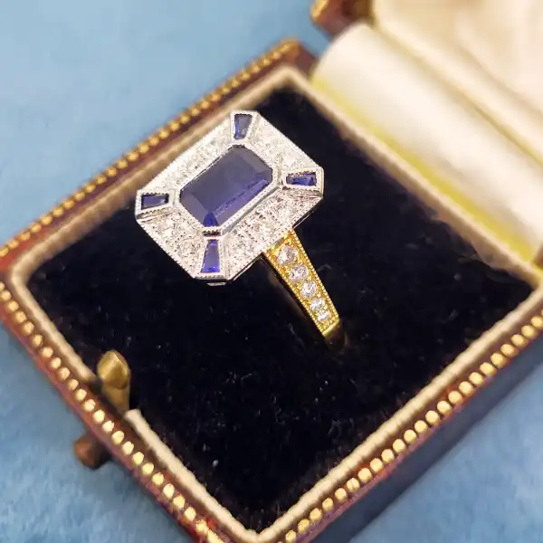 Sapphire and Diamond Ring in 18ct Yellow Gold-18ct-art-deco-sapphire-and-diamond-ring-diamond-shoulders.webp