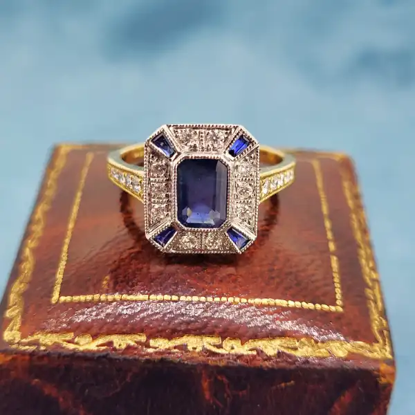 Sapphire and Diamond Ring in 18ct Yellow Gold-18ct-art-deco-sapphire-and-diamond-ring-diamond-shoulders.webp