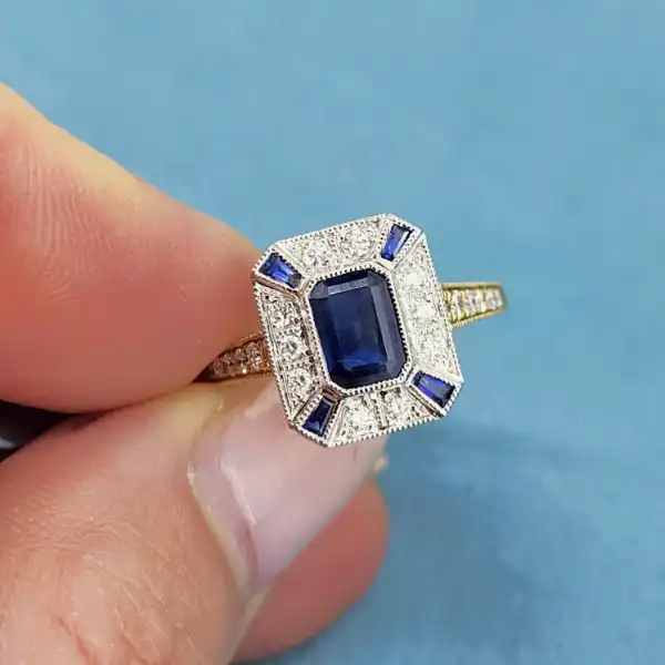 Sapphire and Diamond Ring in 18ct Yellow Gold-18ct-art-deco-sapphire-and-diamond-ring-diamond-shoulders.webp