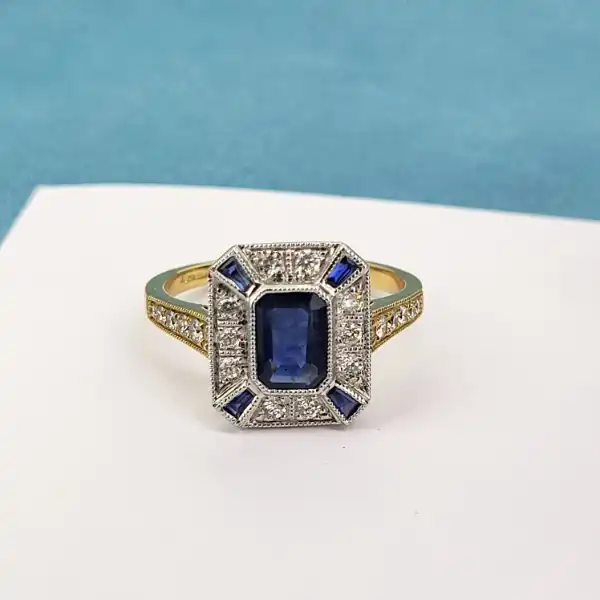 Sapphire and Diamond Ring in 18ct Yellow Gold-18ct-art-deco-sapphire-and-diamond-ring-diamond-shoulders.webp