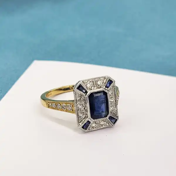 Sapphire and Diamond Ring in 18ct Yellow Gold-18ct-art-deco-sapphire-and-diamond-ring-diamond-shoulders.webp