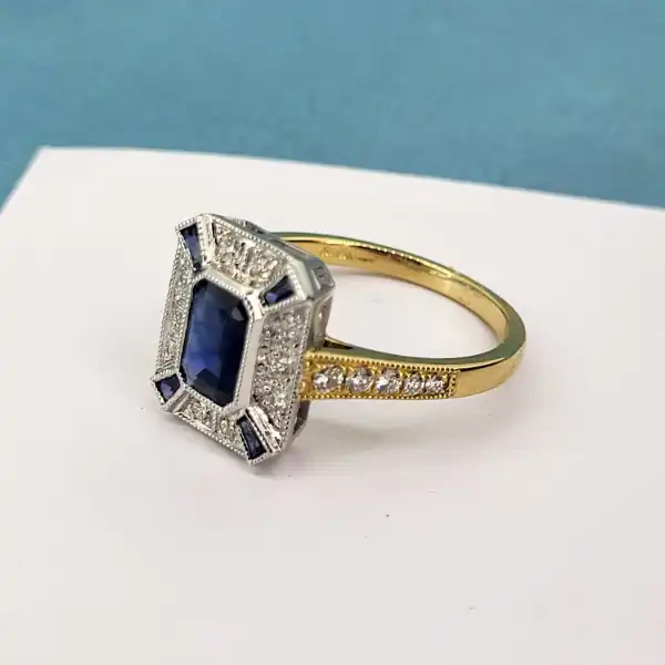 Sapphire and Diamond Ring in 18ct Yellow Gold-18ct-art-deco-sapphire-and-diamond-ring-diamond-shoulders.webp