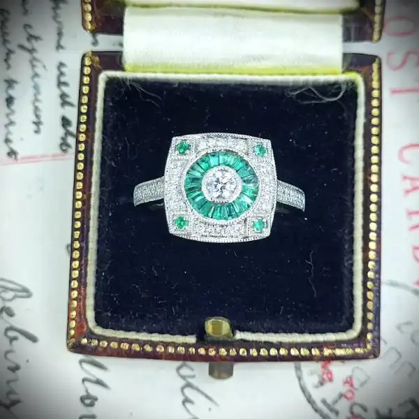 diamond Stock: 18ct White Gold Diamond and Emerald Art Deco Ring