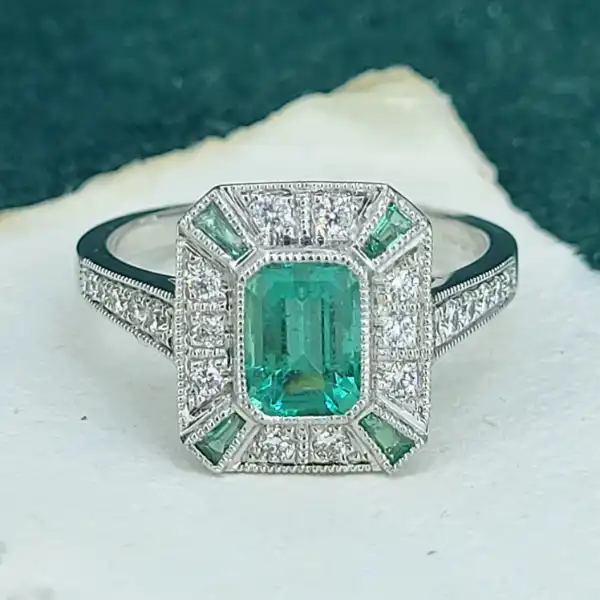18ct White Gold Emerald & Diamond Ring-18ct-gold-emerald-diamond-art-deco-inspired-ring.webp
