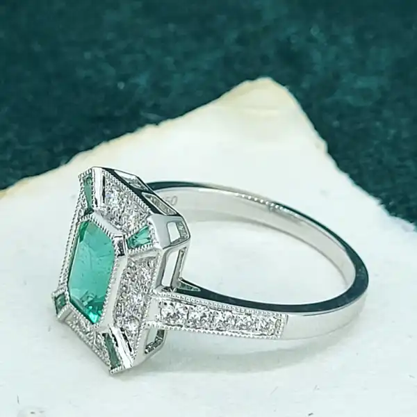 18ct White Gold Emerald & Diamond Ring-18ct-gold-emerald-diamond-art-deco-inspired-ring.webp