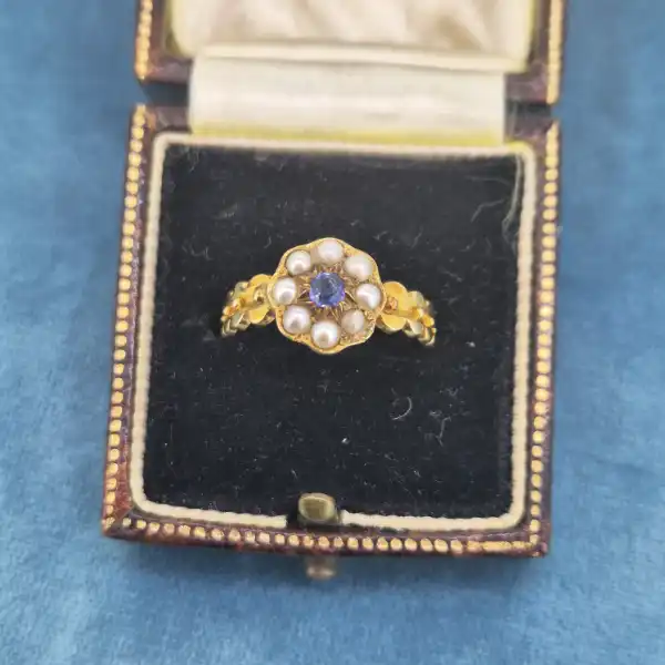 18ct Yellow Gold Antique Sapphire and Seed Pearl Cluster Ring-18ct-gold-sapphire-and-seed-pearl-cluster-ring.webp