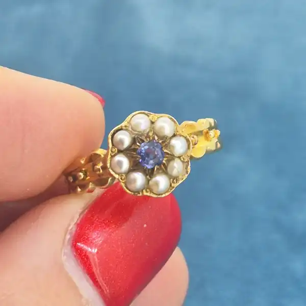 18ct Yellow Gold Antique Sapphire and Seed Pearl Cluster Ring-18ct-gold-sapphire-and-seed-pearl-cluster-ring.webp