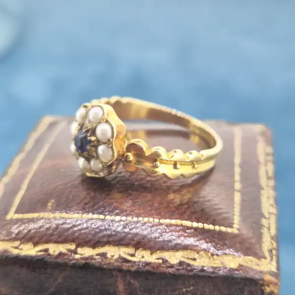 18ct Yellow Gold Antique Sapphire and Seed Pearl Cluster Ring-18ct-gold-sapphire-and-seed-pearl-cluster-ring.webp