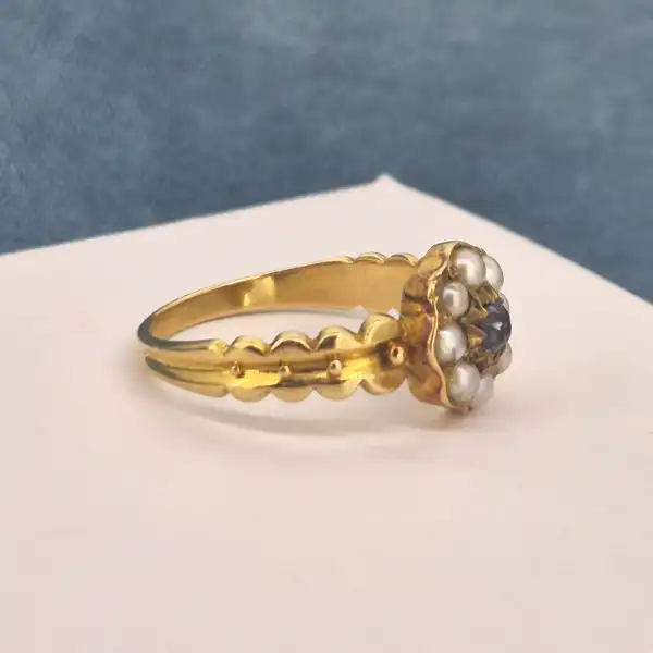 18ct Yellow Gold Antique Sapphire and Seed Pearl Cluster Ring-18ct-gold-sapphire-and-seed-pearl-cluster-ring.webp