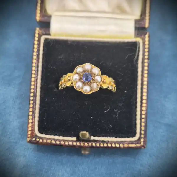  Thumbnail of 18ct Yellow Gold Antique Sapphire and Seed Pearl Cluster Ring