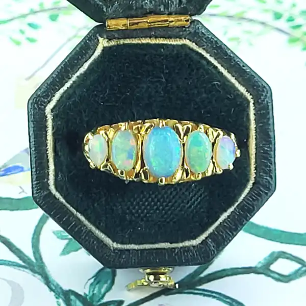 Date 1912! Opal Boat Ring in 18ct Gold with Chester Hallmark-18ct-opal-five-stone-chester-1912.webp