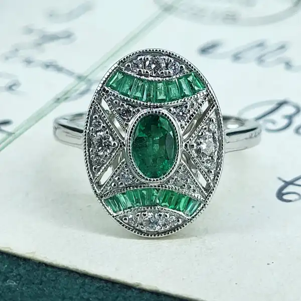 18ct Gold Fancy Art Deco Emerald & Diamond Ring-18ct-oval-art-deco-inspired-ring.webp
