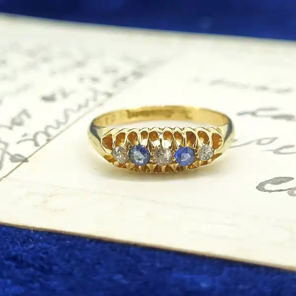 Date 1896! 18ct Gold Diamond & Sapphire Boat Ring-18ct-sapphire-and-diamond-ring-from-1896.webp
