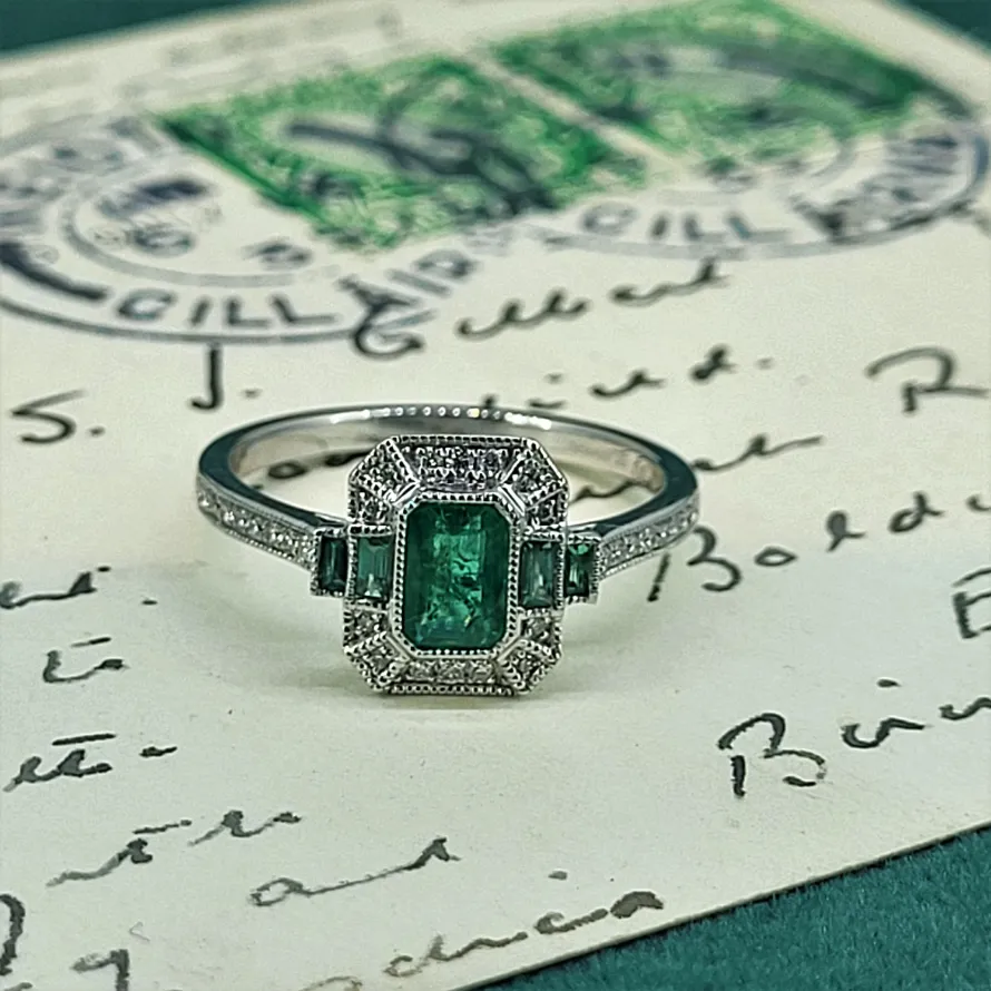 18ct White Gold Emerald and Diamond Ring- Reverse Angle 