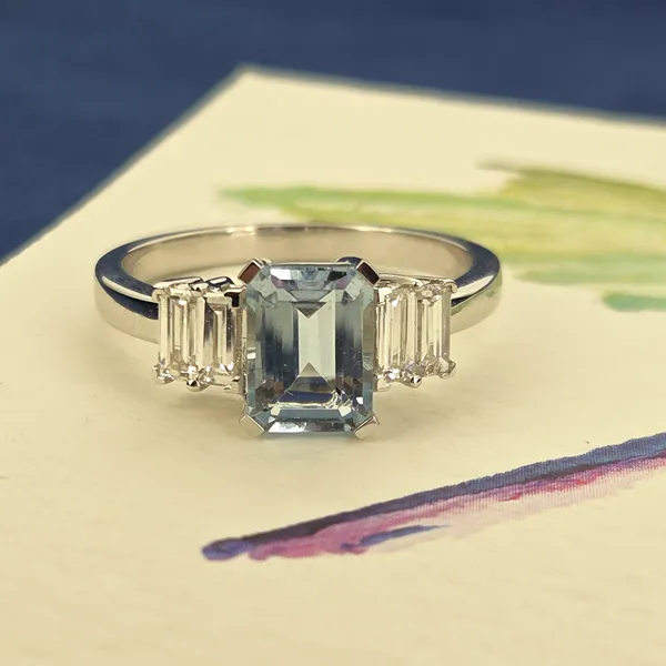 18ct White Gold Aquamarine & Baguette Diamond Ring- Reverse Angle 