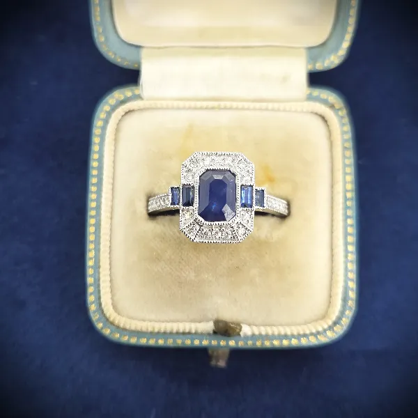 18ct White Gold Diamond & Sapphire Ring-18ct-white-sapphire-cluster-diamond-shoulders.webp