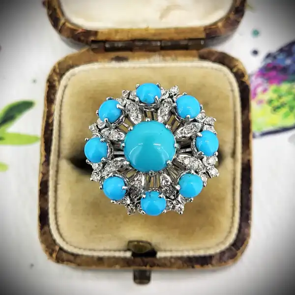 diamond Stock: 18ct White Gold Turquoise and Diamond Cocktail Ring
