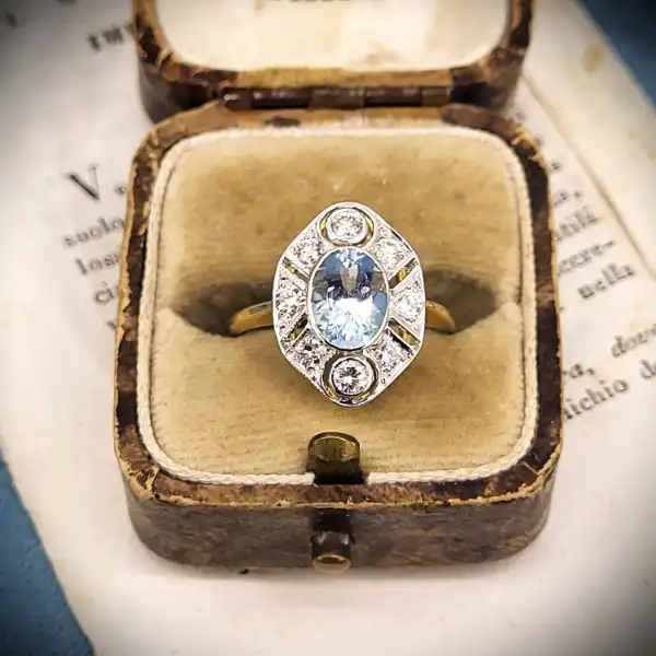 diamond Stock: 18ct Yellow Gold Art Deco Aquamarine & Diamond Ring