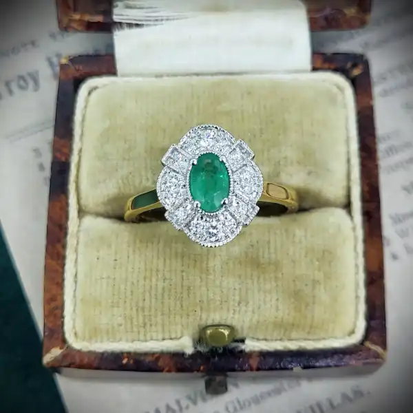 18ct Yellow Gold Emerald & Diamond Cluster Ring-18ct-yellow-gold-oval-emerald-dia-cluster-ring-70pts.webp