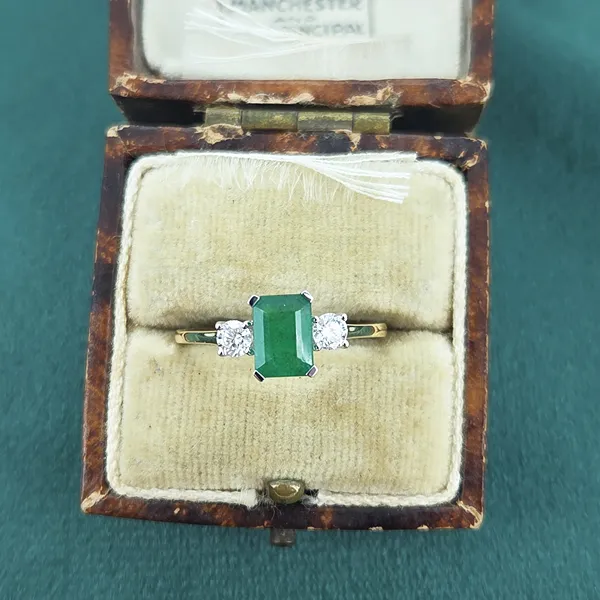 1ct+ Emerald & Diamond Three Stone Ring- Side View 