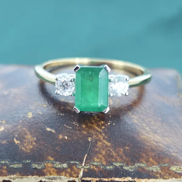 1ct+ Emerald & Diamond Three Stone Ring- Reverse Angle 