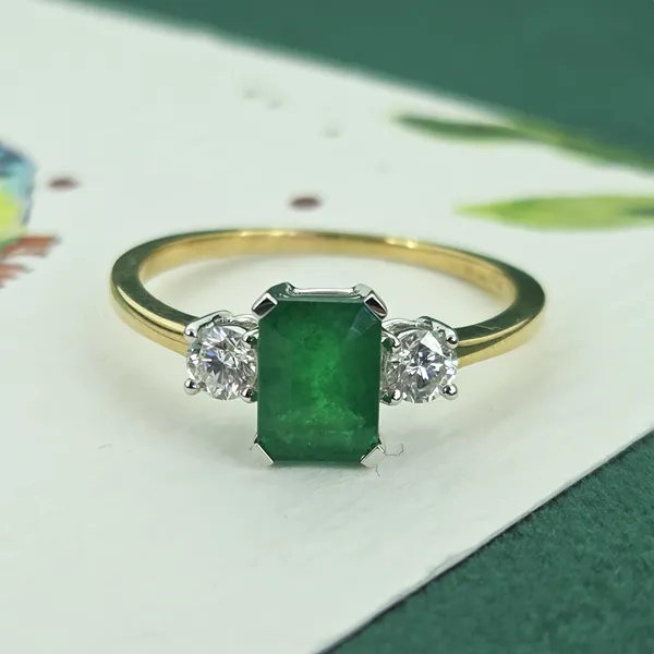1ct+ Emerald & Diamond Three Stone Ring- Crown View 