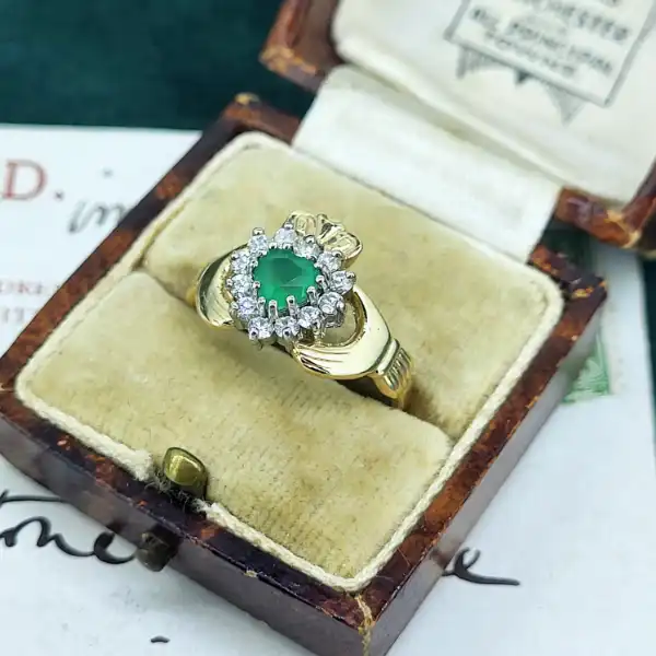 9ct Gold Emerald and Diamond Claddagh Ring-9ct-gold-claddagh-with-emerald-and-diamonds.webp