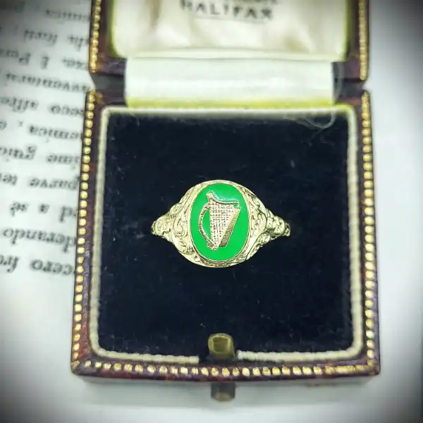  Thumbnail of 9ct Yellow Gold Irish Harp Ring with Green Enamel