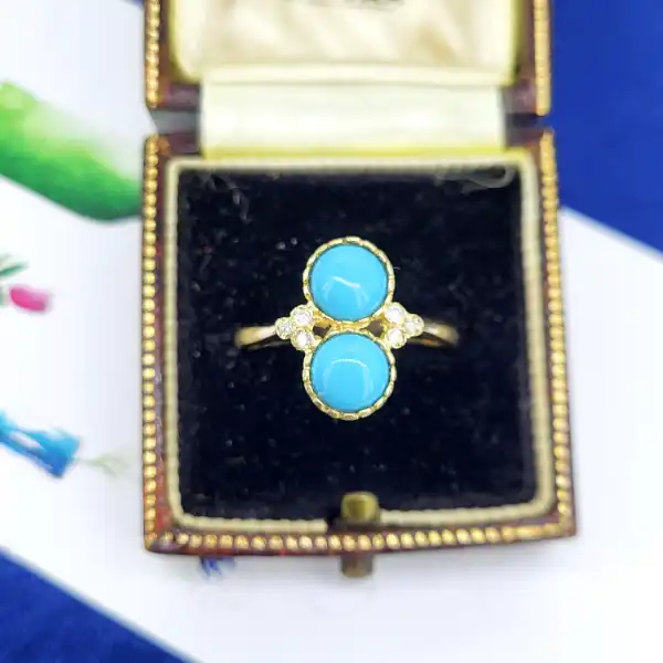 9ct Yellow Gold Turquoise & Diamond Ring-9ct-gold-turquoise-and-diamond-dress-ring-size-o.webp