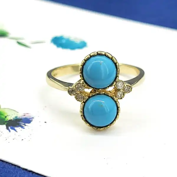 9ct Yellow Gold Turquoise & Diamond Ring-9ct-gold-turquoise-and-diamond-dress-ring-size-o.webp