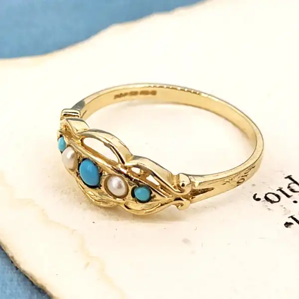 Dainty Turquoise & Pearl Ring-9ct-turquoise-and-seed-pearl-dress-ring.webp