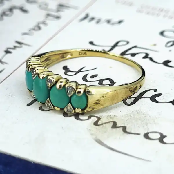 9ct Gold Turquoise & Diamond Ring-9ct-turquoise-five-stone-ring-with-diamonds.webp