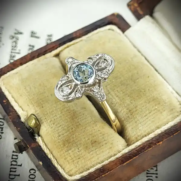 diamond Stock: 9ct Gold Art Deco Aquamarine and Diamond Ring 